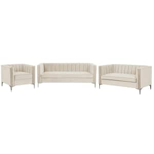 Velvet 3-Piece Sofa Sets Contemporary Home Theater Seating Upholstered Couch Set for Living Room in Beige