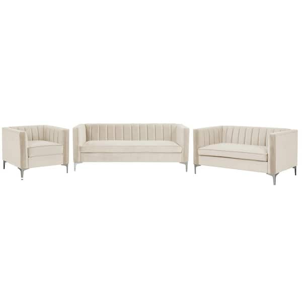 Morden Fort Velvet 3-Piece Sofa Sets Contemporary Home Theater Seating Upholstered Couch Set for Living Room in Beige