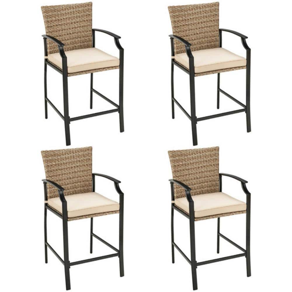 Clihome Wicker Outdoor Bar Stools Patio Rattan Set with Beige Soft
