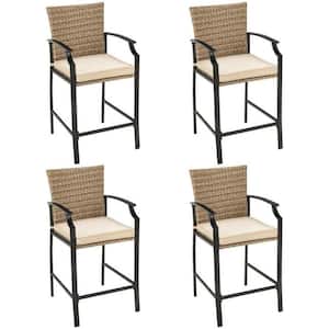 Wicker Outdoor Bar Stools Patio Rattan Set with Beige Soft Cushion (4-Pack)
