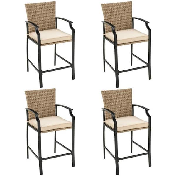 Clihome Wicker Outdoor Bar Stools Patio Rattan Set with Beige Soft Cushion (4-Pack)
