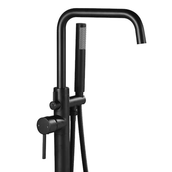 Single-Handle Floor-Mount Roman Tub Faucet with Hand Shower in Matte Black