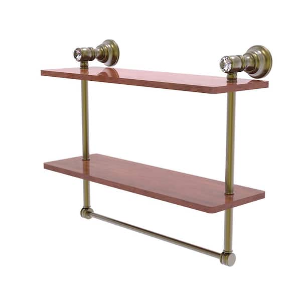 Allied Brass Carolina Crystal Collection 16 Inch Double Wood Shelf with Towel Bar in Antique Brass