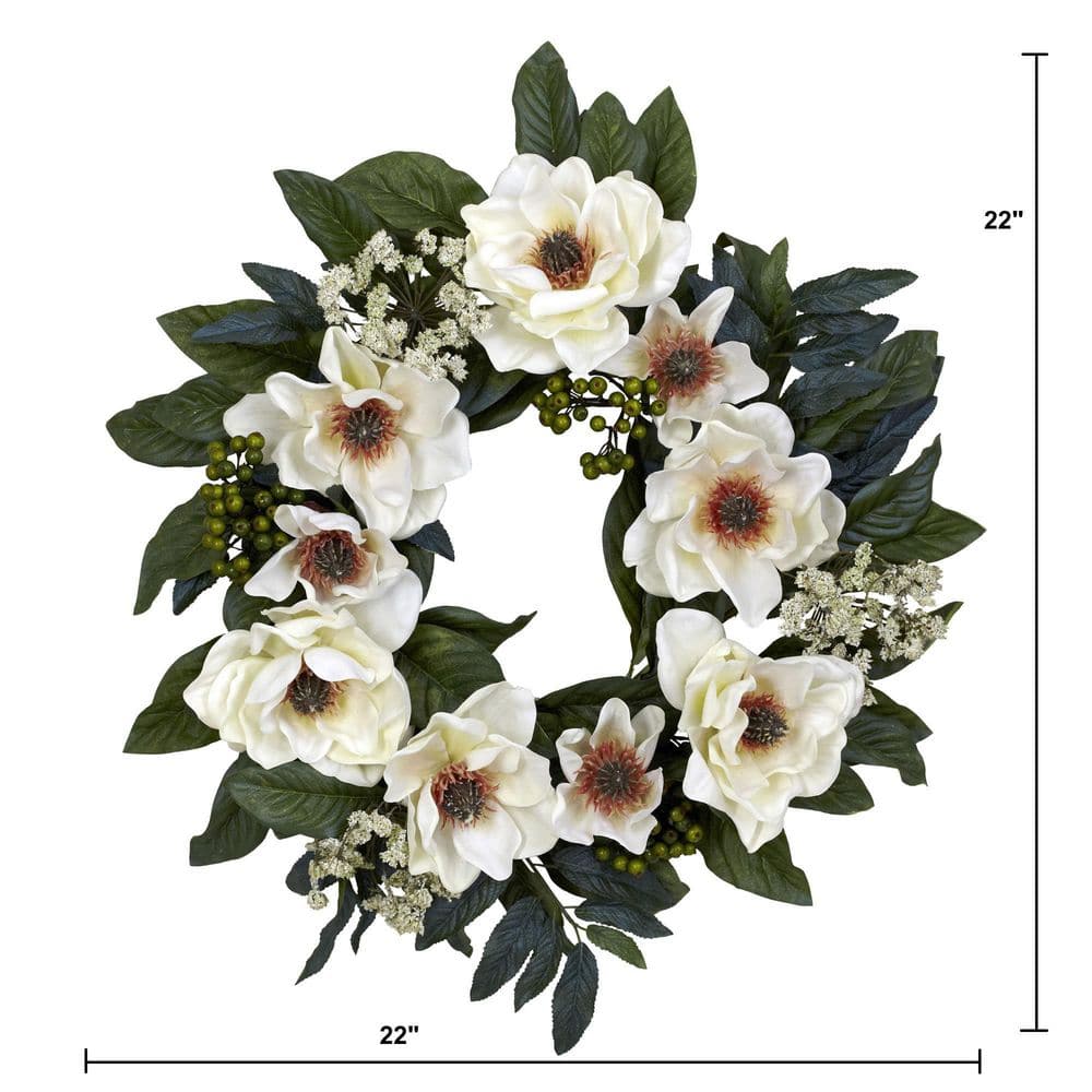 22-Inch White Magnolia Artificial Wreath with Greenery