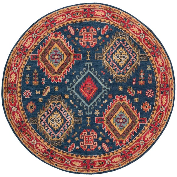 SAFAVIEH Heritage Navy/Red 6 ft. x 6 ft. Round Lodge Border Area Rug