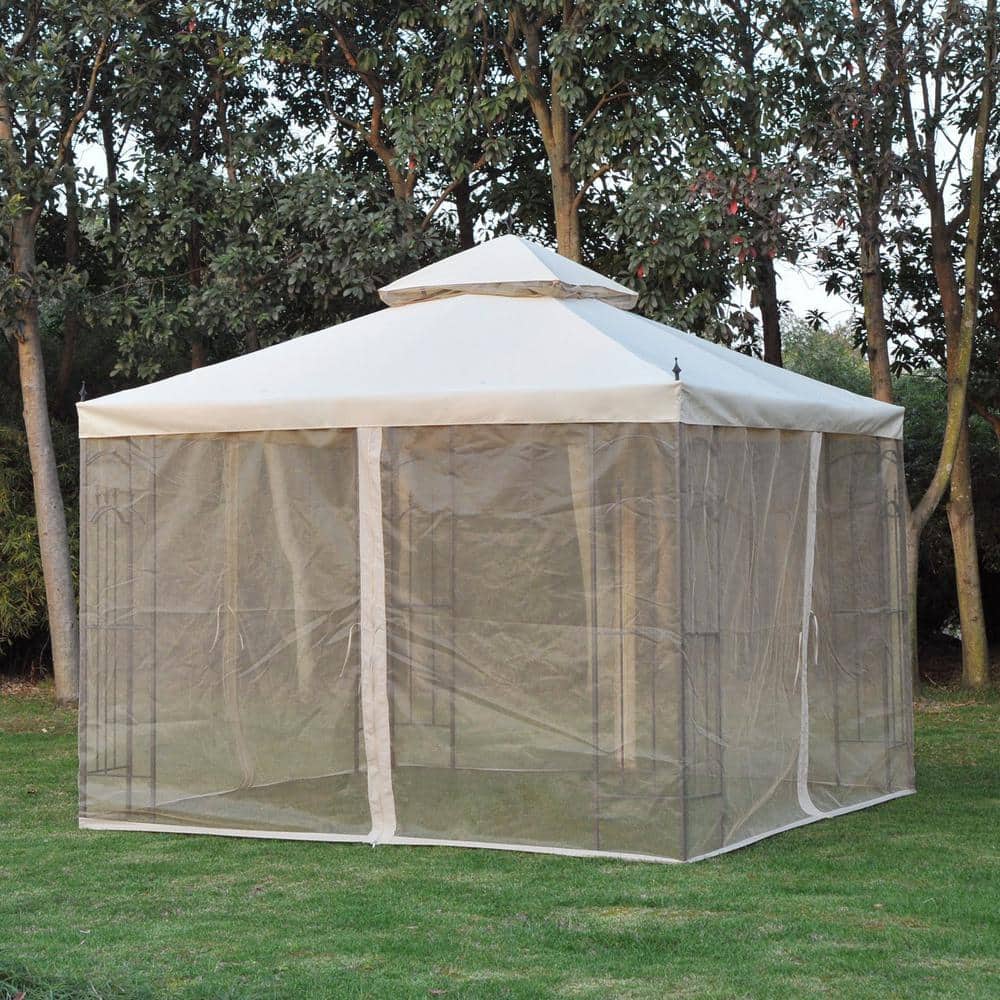 Steel Outdoor Garden Gazebo with Mesh Curtains, 10 x 10 ft