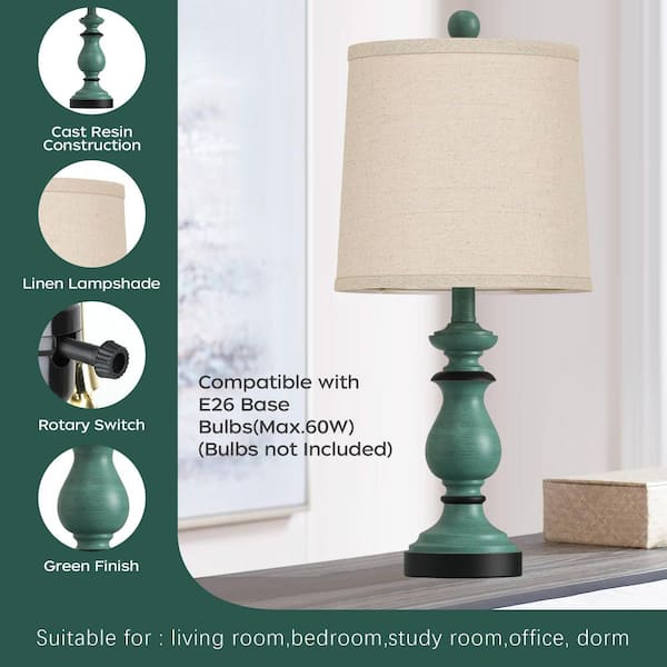 22 in. Rustic Farmhouse Table Lamp (Set of 2), Bedside Desk Lamps Vintage Nightstand Lamps with Linen Shades, Green