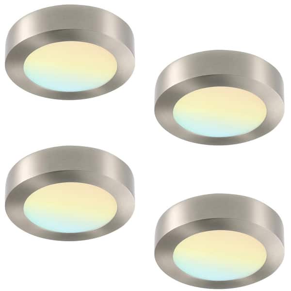 RUN BISON 4-Pack 7 in. Round Color Brushed Nickel Selectable Integrated LED Flush Mount Downlight
