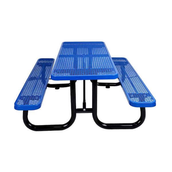 Misopily 72 in. Rectangular Coated Steel Heavy Duty Metal Picnic Tables in Blue with Umbrella Hole for Patio, Park, Restaurant