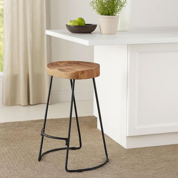 THE URBAN PORT 30 in. Brown and Black Backless Metal Bar Stool with Wooden Seat