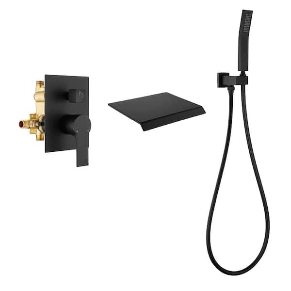 UKISHIRO Jewelry Single-Handle Wall Mount Roman Tub Faucet with Hand Shower in Matte Black (Ceramic Valve Included)