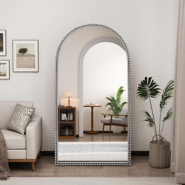 Silver 35.43 in. W x 65.75 in. H Arch Metal Full Length Mirror/ Floor Mirror with Sturdy Iron Base