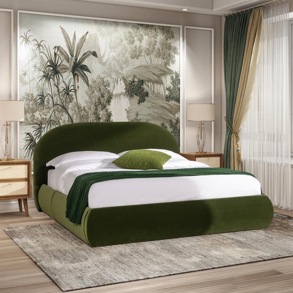 King Green Velvet Upholstered Platform Bed with Headboard