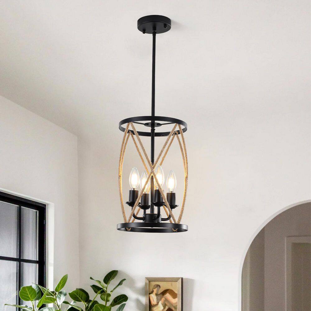 Industrial 40-Watt 4 Light Black Farmhouse Lanter Pendant Light with Woven Decoration price history on PriceWatchPro
