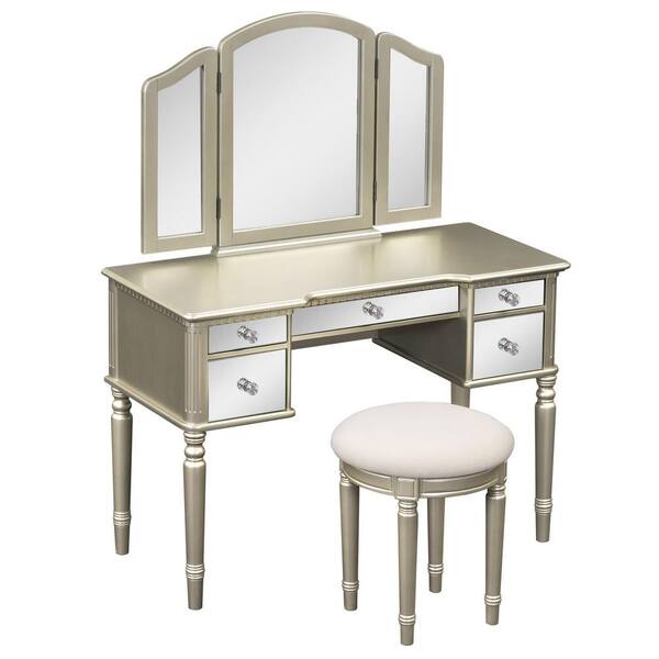 Unbranded Gold 5-drawer 43.25 in. Wide Dresser with Mirror, Dressing Table Set with Mirrored Drawers and Stool