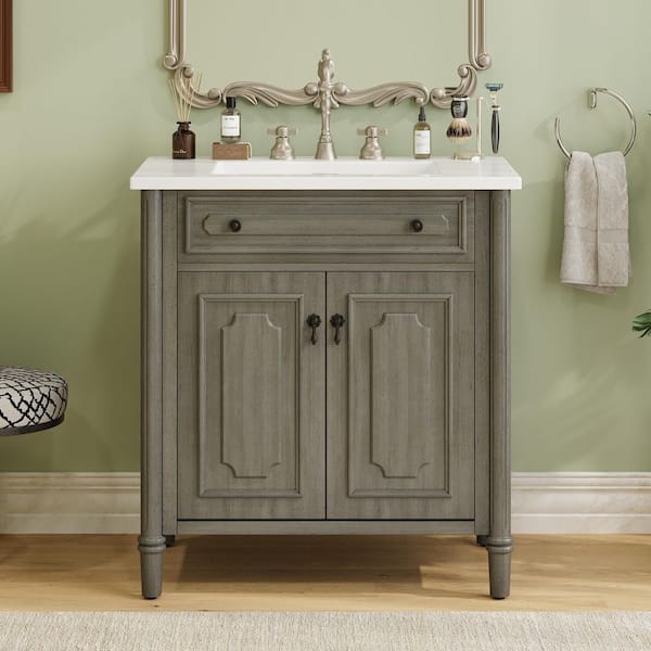 30 in. Single Sink Freestanding Grey Bath Vanity with White Ceramic Top (Assembled)