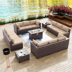 15-Piece Wicker Patio Conversation Set with 55000 BTU Gas Fire Pit Table and Glass Coffee Table and Sand Cushions