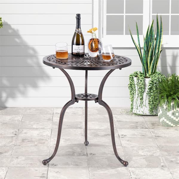 24 in. Round Cast Aluminum Outdoor Dining Bistro Table with 2 in. Umbrella Hole