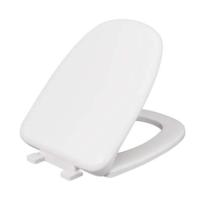Plastic Elongated Closed Front Toilet Seat Fits Eljer New Emblem Design with Cover and Adjustable Hinge in White