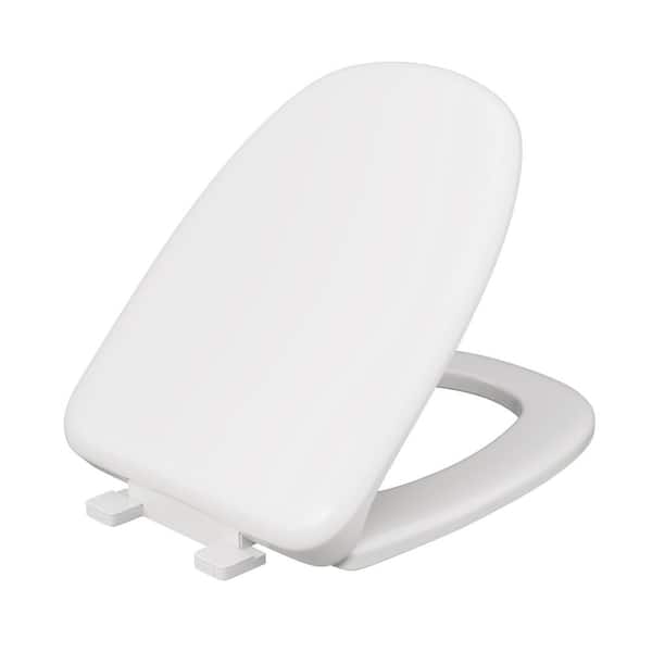 JONES STEPHENS Plastic Elongated Closed Front Toilet Seat Fits Eljer New Emblem Design with Cover and Adjustable Hinge in White