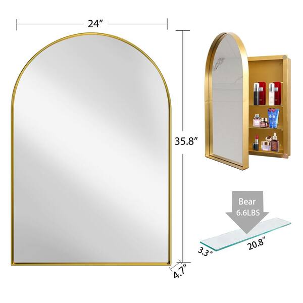 Tenleaf 24 in. W x 36 in. H Arched Recessed Metal Medicine Cabinet with Mirror and Adjustable Shelves in Matte Gold