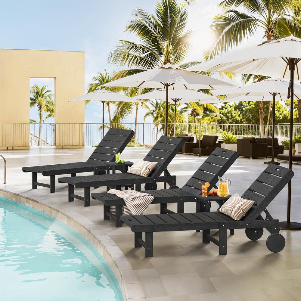 LUE BONA Heli Recycled Black Patio Lounge Chair Plastic Stackable Outdoor Chaise Lounge Chair ...