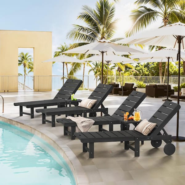 LUE BONA Heli Recycled Black Patio Lounge Chair Plastic Stackable Outdoor Chaise Lounge Chair With Table Set of 6