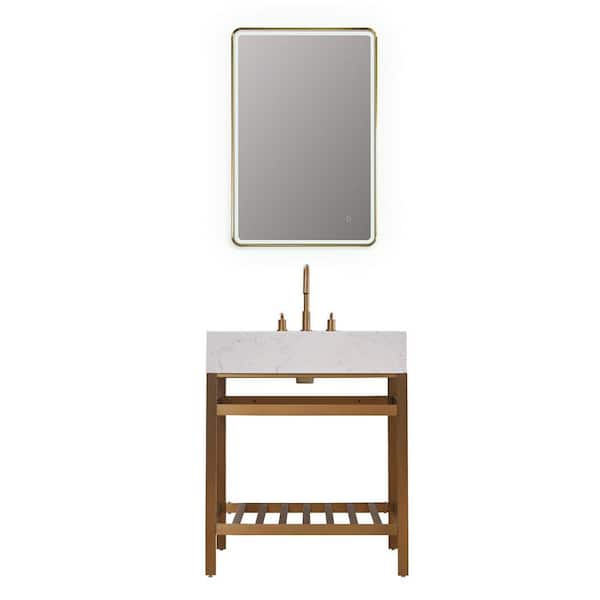 Altair Merano 30 in. W x 22 in. D x 35 in. H Single Sink Bath Vanity in Brushed Gold with White Composite Stone Top and Mirror