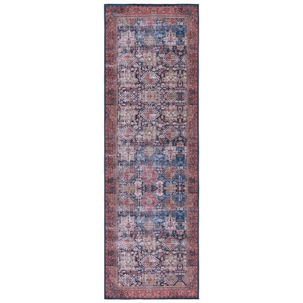 SAFAVIEH Tucson Navy/Rust 3 ft. x 6 ft. Machine Washable Border Geometric Floral Runner Rug