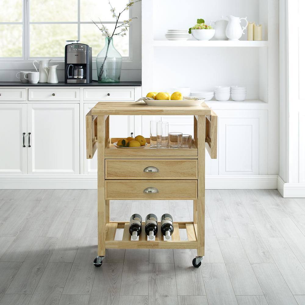 Bristol Natural Wood Drop-Leaf Kitchen Cart with Storage