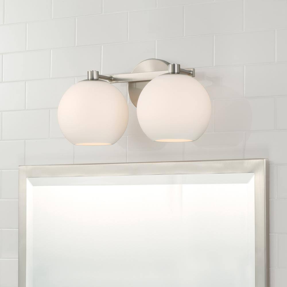 Brushed Nickel 2-Light Vanity with Soft White Glass Shades