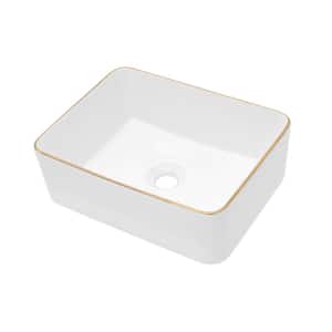 16 in. White Porcelain Ceramic Rectangular Vessel Bathroom Sink without Faucet, White and Gold