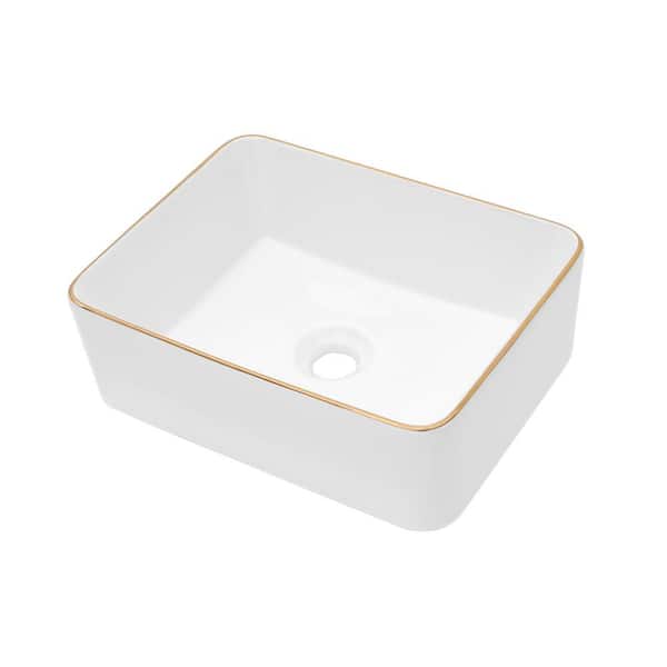 16 in. White Porcelain Ceramic Rectangular Vessel Bathroom Sink without Faucet, White and Gold