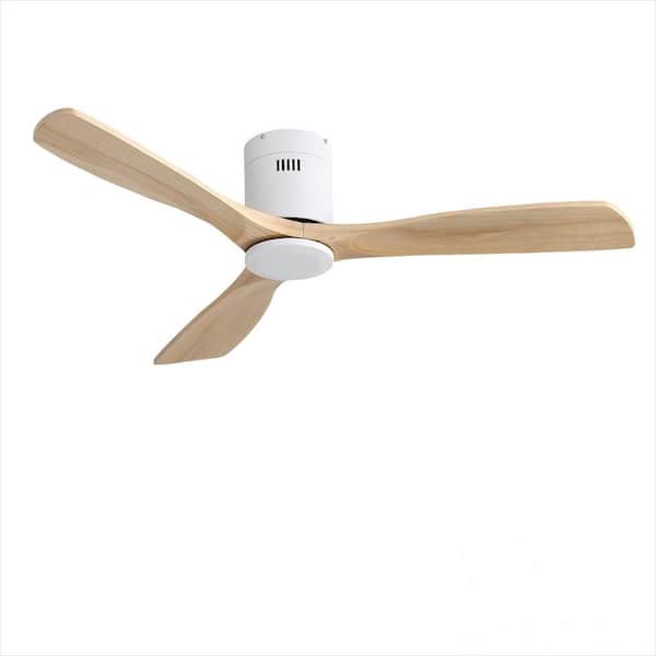 52 in. Smart White Flush Mount Standard Ceiling Fan with Remote Control, Wood Blade Fan for Living Room