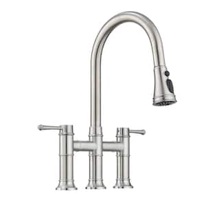 Double Handle Transitional Bridge Pull Down Sprayer Kitchen Faucet in Brushed Nickel