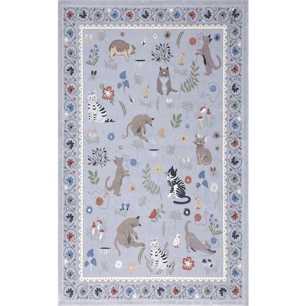 Catmosphere Festive Feline Floral Border Non-Slip Machine-Washable Gray 9 ft. x 12 ft. Area Rug