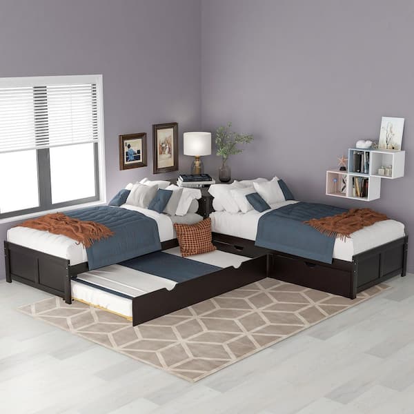 Espresso Brown Wood Frame L-shaped Twin Platform Bed with Trundle and Drawers Linked with Desk