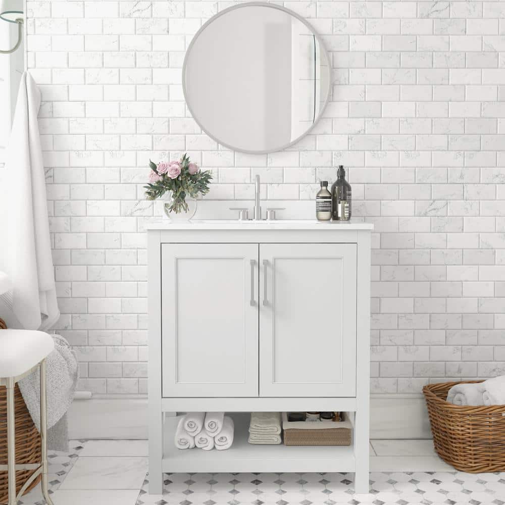 30" White Freestanding Bathroom Vanity with Carrara Marble Countertop