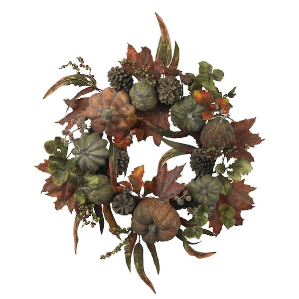 Nearly Natural 24in. Artificial Wreath with Pumpkins, Gourds, and Pinecones
