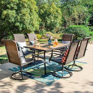 7-Piece Patio Outdoor Dining Set with Rectangle Wood-Look Tabletop and Rattan Swivel Chair