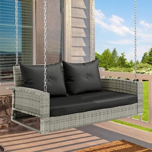 Gray Patio Swing Lounge with Black Cushions 2-Person Rattan Hanging Porch Swing Chair Outdoor