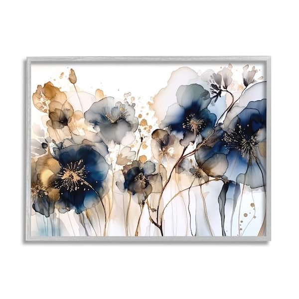 Stupell Industries Navy and Gold Abstraction by LSR Design Studio 1-Piece Gray Framed Nature Giclee Art Print 30 in. x 24 in.