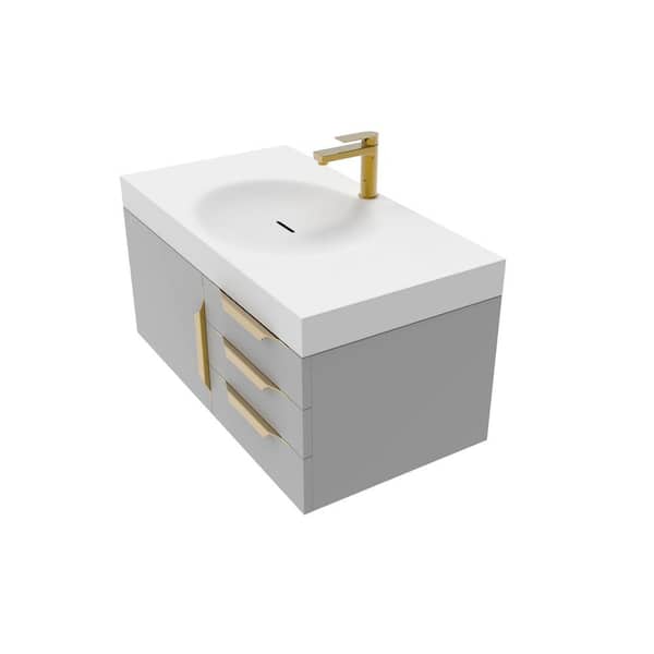 castellousa 36 in. W x 19 in. D x 16.25 in. H Single Floating Bath Vanity in Matte Gray w/ Gold Trim w/ Solid Surface White Top