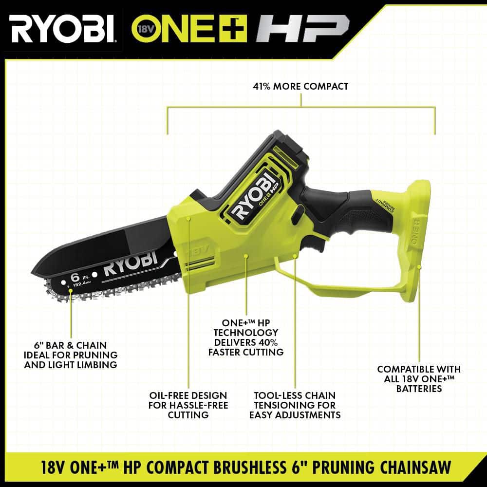 Ryobi ONE+ HP 18V Brushless 6 in. Electric Cordless Battery Compact Pruning Chainsaw