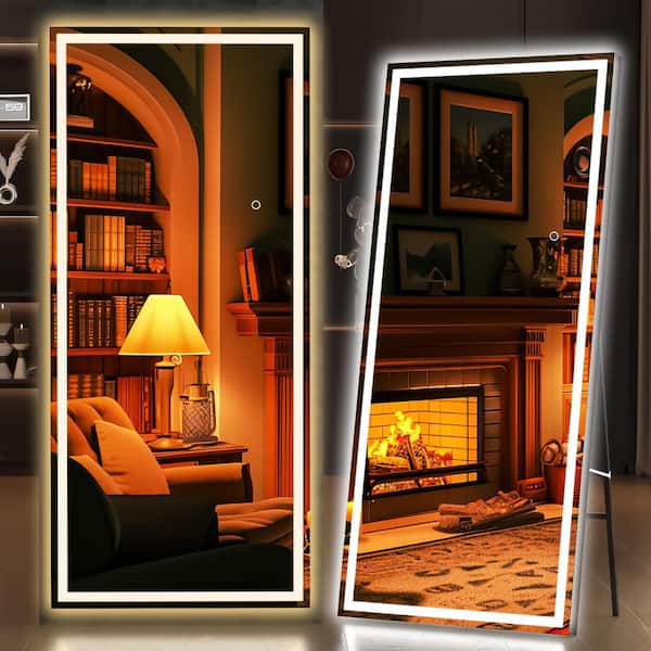 Hasipu 28 in. W x 71 in. H Square Black LED Lighted Floor Standing Mirror, Hanging Mounted Mirror, Dimmable, Tempered Glass