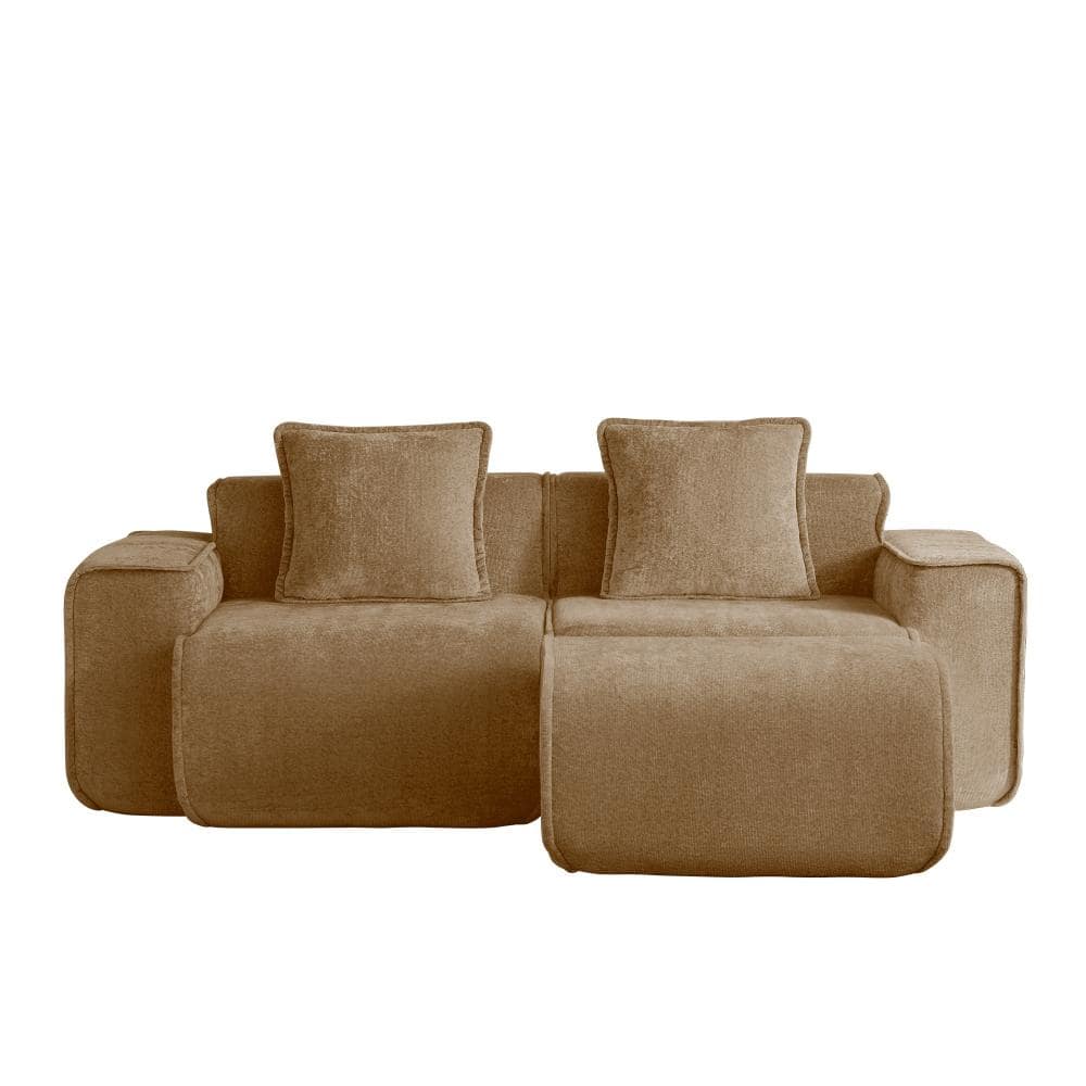 82 in. Armless 2-piece Velvet L-Shape Sectional Sofa with Ottoman, French Edge Piping, No Assembly Required in Brown