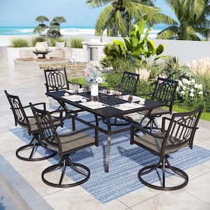 Black 7-Piece Metal Patio Outdoor Dining Set with Straight-Leg Rectangle Table and Fashion Chairs