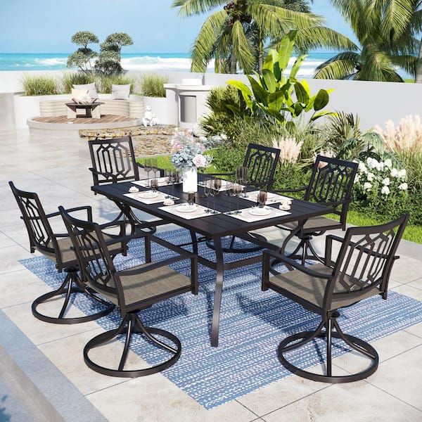 PHI VILLA Black 7-Piece Metal Patio Outdoor Dining Set with Straight-Leg Rectangle Table and Fashion Chairs