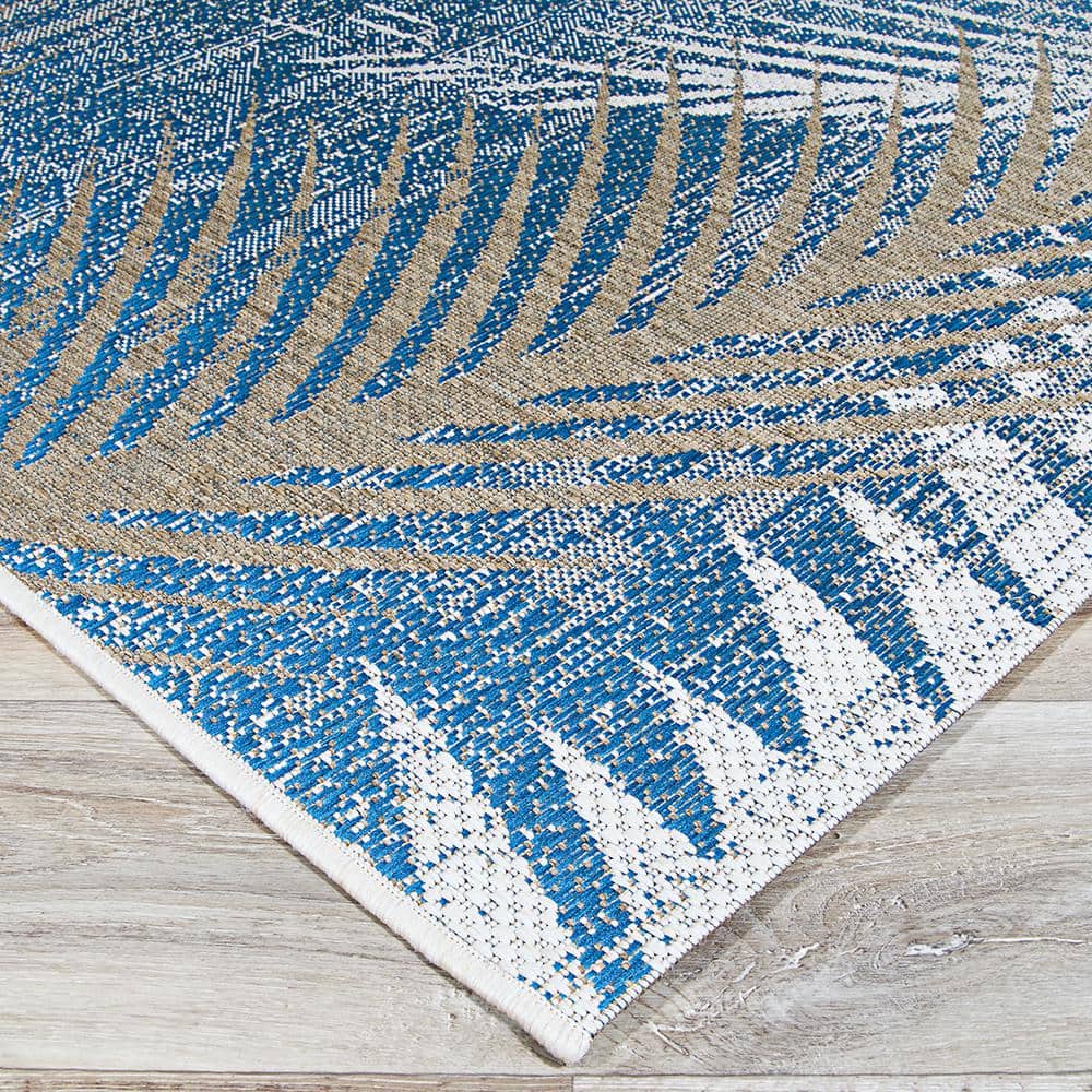 Ocean Blue and Beige Synthetic Geometric Indoor/Outdoor Area Rug