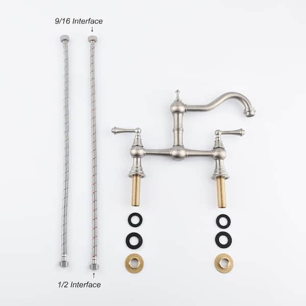 Double Handle Solid Brass Widespread Bridge Kitchen Faucet with 180° Spout Swivel in Brushed Nickel